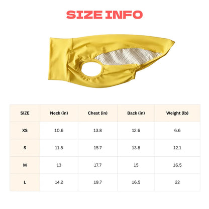 Size chart for a yellow dog coat with measurements in inches and pounds.