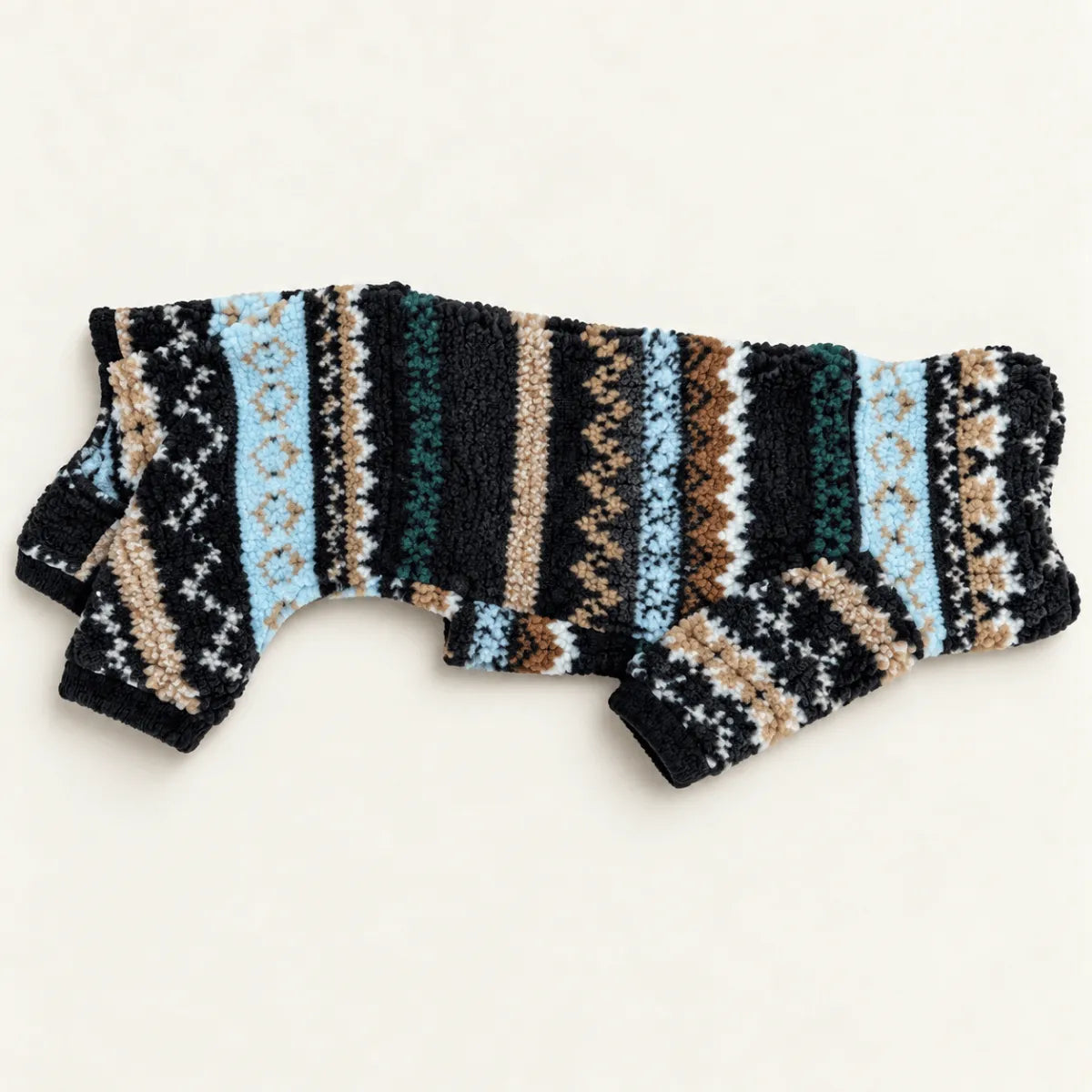 A small knit pet sweater with a cozy sherpa lining, featuring a multicolor Fair Isle pattern of black, light blue, brown, and cream stripes.