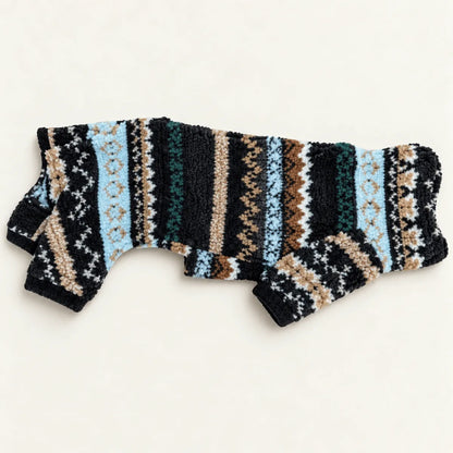 A small knit pet sweater with a cozy sherpa lining, featuring a multicolor Fair Isle pattern of black, light blue, brown, and cream stripes.