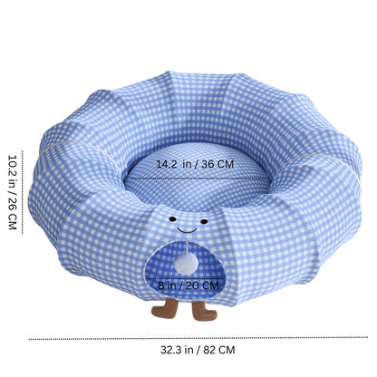 Blue checkered baby seat with measurements on a white background